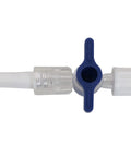 Clear plastic 2-way stopcock valve with blue lever and Luer-lock ends