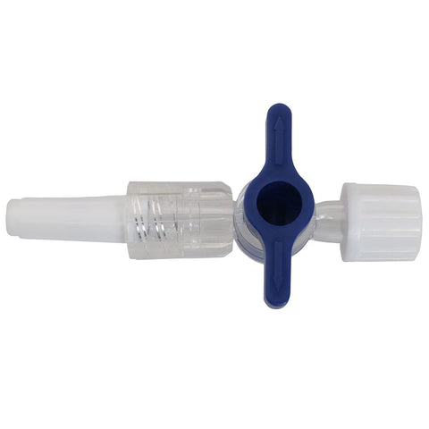 Clear plastic 2-way stopcock valve with blue lever and Luer-lock ends