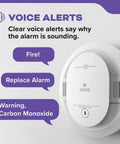 Front view of a Ten Year Battery Hardwired Smoke And Carbon Monoxide Detector With Interconnect For Home Safety LED Indicators And Voice Alarm Battery Backup For Real Peace Of Mind, showing voice alert features.