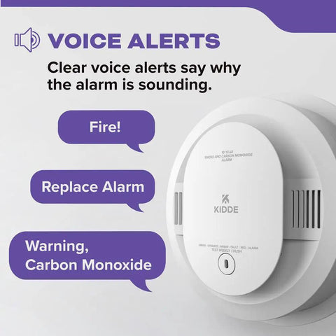 Front view of a Ten Year Battery Hardwired Smoke And Carbon Monoxide Detector With Interconnect For Home Safety LED Indicators And Voice Alarm Battery Backup For Real Peace Of Mind, showing voice alert features.