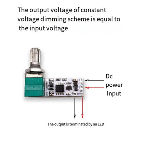 Top Notch LED Constant Voltage Dimmer Board For Desk Lamps With 0 To 100 Percent Stepless Smooth Fade Control And No Flicker For Live Streaming Gear Or Any DC 3.7V To 24V Setup Powering Lithium Batteries Easily With Blue Light Indicator shown with input and output labels.