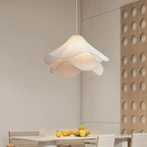HLRCB Indoor Pendant Light, Fabric Pleated Shade, Modern Suspended Mount above a dining table with a soft glowing shade.