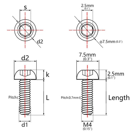 Premium M4 Titanium Hex Head Bolts Grade 5 Silver 4 Pack design specifications showing dimensions and thread details.