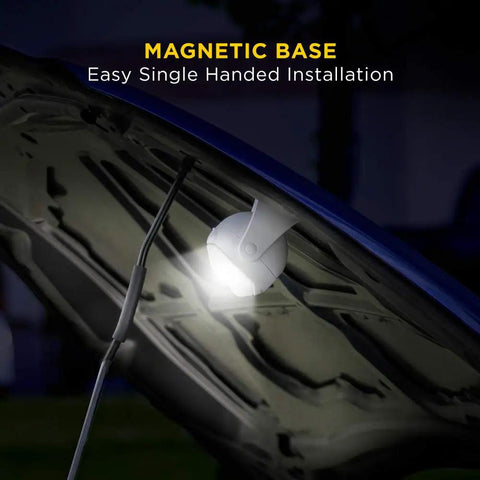 Portable LED Motion Sensor Light With 148 Lumens, 13 Ft Detectable Range, Flexible Tripod Base And Magnetic Option For Indoor Outdoor Use, Wireless Install, Easy Grab And Go Security Lighting attached to car hood.