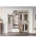 Heavy Duty Solid Wood Closet Storage Rack With Wide Shelves And Hanging Rods Straight Up Kickin Up Your Reach In Space Cut To Fit Any Pantry Or Laundry Closet White with organized clothing and shelving.