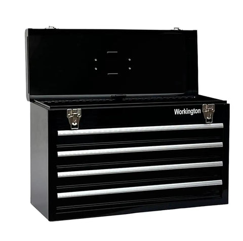 Workhorse Portable Metal Tool Chest With Four Drawers, 20 Inch Steel Tool Storage Box, open lid showing compartments, Black 4004