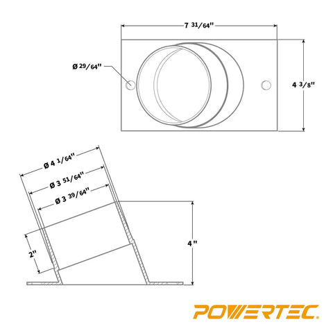Pro Grade 4 Inch Angled Dust Port For Table Saws And Jointers technical drawing showing dimensions and design details
