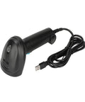 Built Tough USB Barcode Scanner For 1D 2D QR Codes, Quick Scan, showing ergonomic grip with wired cable on white background.