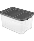 Clear modular 76 Qt storage box stackers, stackable plastic organizer with locking lids, durable grey box system Model 14763V06