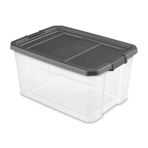 Clear modular 76 Qt storage box stackers, stackable plastic organizer with locking lids, durable grey box system Model 14763V06