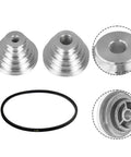 Robust Aluminum Pagoda Pulley Wheel And V-Belt Set For Benchtop Drill Press With 5-Step Drive Kit And 14mm Plus 22mm Bore Fits Small Motor Shafts Perfect For Fast Fixes, silver pulley set with K-26 belt