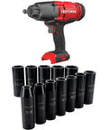 1/2 Inch Cordless Impact Wrench With Twelve Deep Sockets Hog Ring Anvil For Kickass Twist Power And No Sweat Socket Swaps Sae Rated Black Oxide Finish Boss Level Workhorse in red and black with deep sockets.