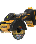 Close-up of 20V Max Cordless Angle Grinder Kit with Brushless Motor, featuring 3-inch cut and grind wheels for various materials.