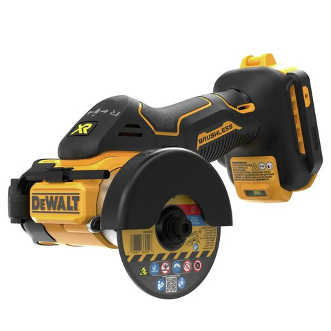 Close-up of 20V Max Cordless Angle Grinder Kit with Brushless Motor, featuring 3-inch cut and grind wheels for various materials.