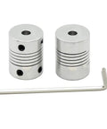 2Pcs 5Mm To 5Mm Flexible Couplings For Nema 17 Shaft And T5 Lead Screw Straight Up Built Tough Fitment For Rep Rap 3D Printer Laser Engraver Cnc Machine Z Axis Build Includes Hex Key shown in silver metal finish.