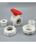 White PVC Ball Valve Union Fitting Set 3 Pcs 50 MM Precision Design For Water Pipe Plumbing Hose Connections Quick Snap Lock And Rock Solid Performance Built Tough with valve and connectors.