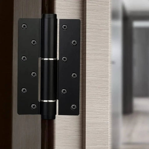 Black invisible door hinge with automatic closer and hydraulic spring damping self closing positioning for cabinets and furniture.