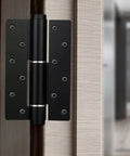 Invisible Hydraulic Door Hinge With Adjustable Damper And Automatic Closer Built From Rust Proof Aluminum For Left Or Right Swinging Doors visible on door edge.
