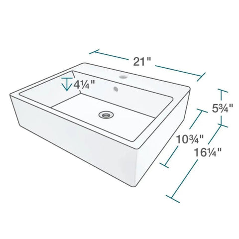 White Porcelain Vessel Sink With Contemporary Rectangular Design, Vitreous China Finish, Large Easy Clean Basin, dimensions shown