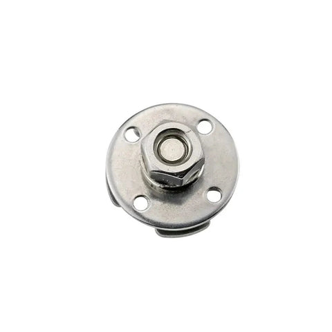 Front view of stainless steel 360° disc-damping shaft hinge with mounting plate