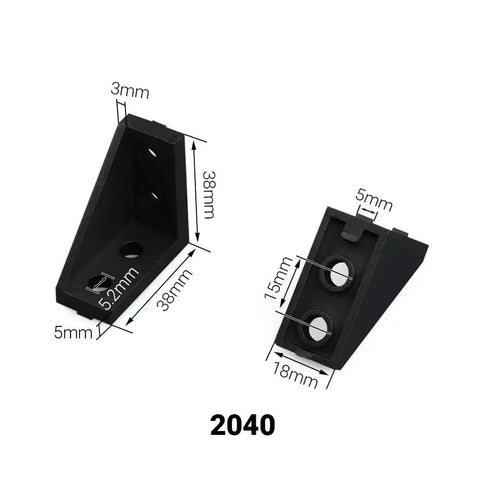 Sturdy Black Corner Bracket for 2040 3060 4080 Aluminum Extrusion Profiles with size dimensions for heavy duty projects.