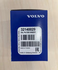 Volvo Oil Filter Insert box showing part number 32140029, compatible with 2.0L 4-Cylinder Engines, heavy-duty steel and paper filtration.