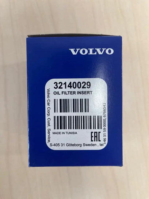 Volvo Oil Filter Insert box showing part number 32140029, compatible with 2.0L 4-Cylinder Engines, heavy-duty steel and paper filtration.