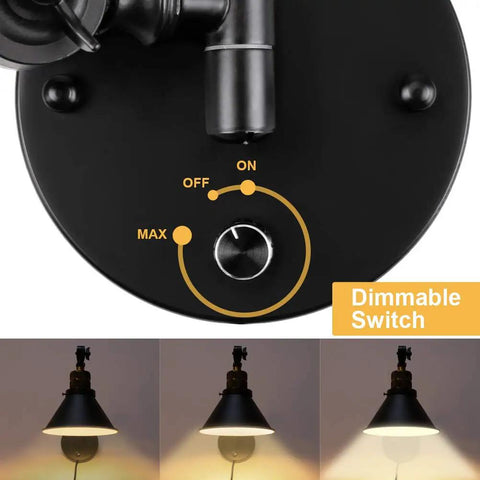 Dimmable rotary switch on Plug In Wall Sconces Two Pack With Swing Arm, Black Metal Vintage Industrial Lighting at different settings.