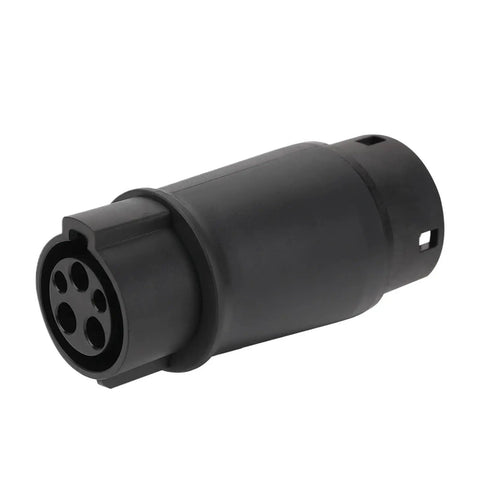Type One To Type Two EV Charging Adapter Plug Connector with black plastic, designed for SAE J1772 To IEC connections, handles 32 Amps.