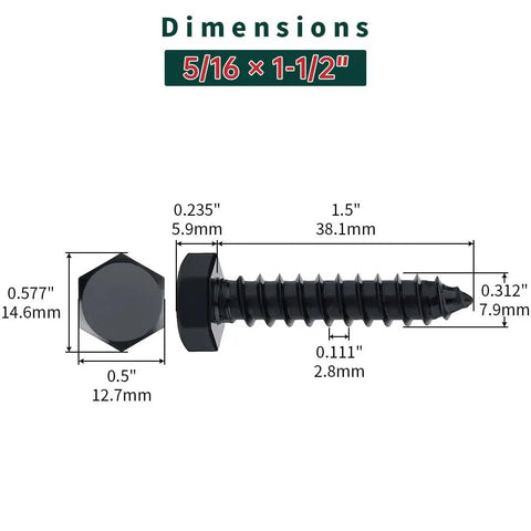 Top Shelf Heavy Duty 5/16 X 1 1/2 Inch Black Oxide Hex Head Lag Screw dimensions showing size and thickness.
