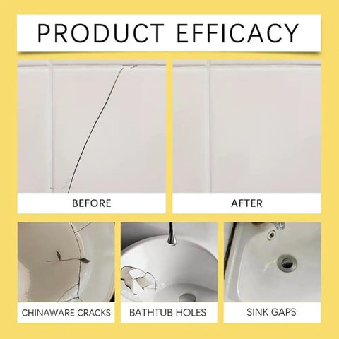 Upgraded Tile Stone Crack Repair Kit Quick Drying Color Adjust For Ceramic Porcelain Granite Marble Repairs shown on tiles, chinaware, and sink gaps.