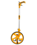 CFTGIW Measuring Wheel Portable Accurate 0-9999.9m Double Folding Tool for with yellow handle and large wheel, side view.