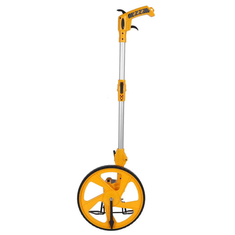 CFTGIW Measuring Wheel Portable Accurate 0-9999.9m Double Folding Tool for with yellow handle and large wheel, side view.