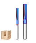 Pro Two Blade Straight Slotting Router Bit With Blue Nano Coating For Precision Grooving And Cutting Woodworking, Cabinetry Or Furniture Making Slots With 1/4 Inch And 8mm Shank Options Built To Last displayed alongside a wooden block.