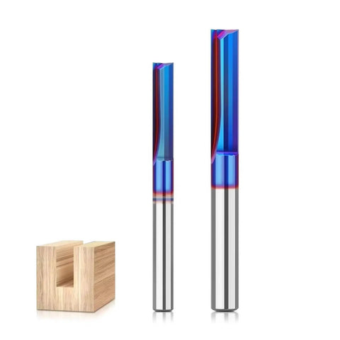 Pro Two Blade Straight Slotting Router Bit With Blue Nano Coating For Precision Grooving And Cutting Woodworking, Cabinetry Or Furniture Making Slots With 1/4 Inch And 8mm Shank Options Built To Last displayed alongside a wooden block.