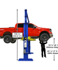 Boss Shop Two Post Auto Lift With 15000 Pound Capacity holding a red truck at 174.5 inches for repair with an operator underneath.