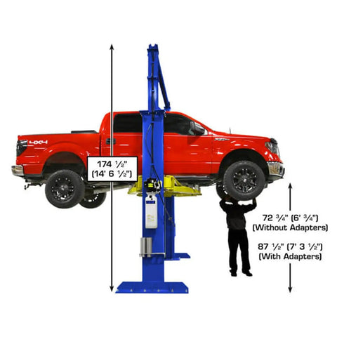 Boss Shop Two Post Auto Lift With 15000 Pound Capacity holding a red truck at 174.5 inches for repair with an operator underneath.