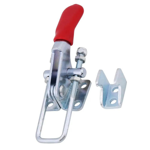 Four Piece Heavy Duty Toggle Clamps Set With Quick Acting Release Latch And No Fuss Adjustable Base, metal clamp with red handle.