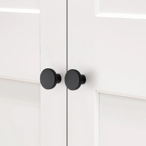 Matte black cabinet knobs installed on white doors, 10 Pack Matte Black Cabinet Knobs, 1.2 Inch Round Drawer Knobs For Kitchen Cabinets