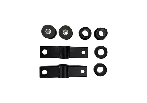 Heavy Duty Competition Front Bushing Kit For 2005 To 2014 Ford Mustang with rubber components, black brackets and bushings.