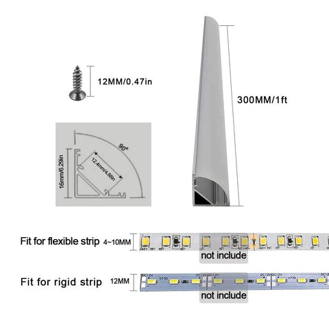 Diagram showing 6-Pack 1ft Aluminum LED Channel System With V Shape Diffuser, end caps, mounting clips, and strip compatibility details.