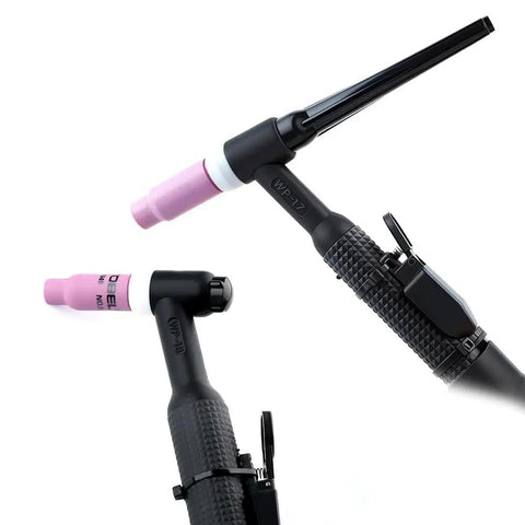 Close-up of WP-17 TIG torch with pink alumina cup from 96 Piece TIG Consumables Kit With Foam Case For WP 17 18 26 Torch