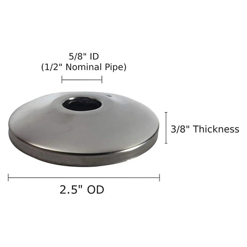 Toilet Angle Shut Off Valve Set With Escutcheon Plate showing dimensions; 5/8" ID, 2.5" OD, 3/8" thickness, 1/2" nominal pipe