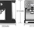 Make Every Shot Hit Different With This Professional 15 Bar Semi Automatic Espresso Machine Including A Sleek Milk Frother And Helpful Cup Warmer For Top Tier Home Brewing side view with size dimensions.