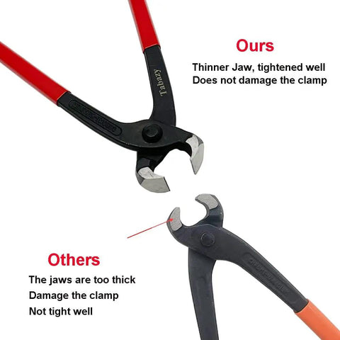 Comparison of Heavy Duty Ear Clamp Pliers Kit With 12 Piece CV Boot Clamp Set showcasing jaw thickness and tightening effectiveness.