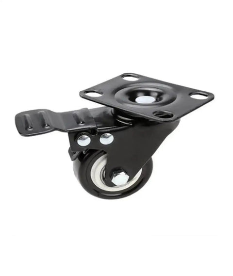 Close-up of a black wheel from 4 Pack 1.5 Inch Swivel Furniture Casters With Brakes, Black, M8/M10 Stem, Double Bearing Sleeve, Heavy Duty