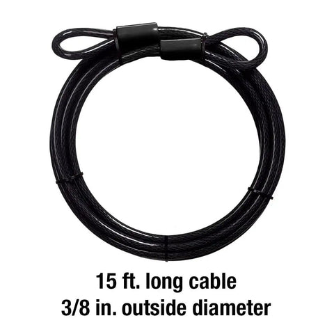 Coiled 15 ft black cable with loops; 3/8 in diameter. Beefy 15 Foot Looped End Steel Cable For Bikes And Outdoor Gear Braided Steel