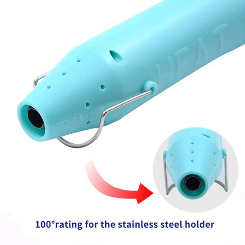 Close-up of blue Resin Heat Gun For Crafts 300W With 6.6ft Cord featuring built-in stand and nozzle angle detail.