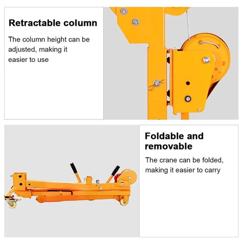 Heavy Duty Electric Lifting Hoist 500 Kg Capacity Foldable Garage Crane with adjustable retractable column and foldable design for easy storage.