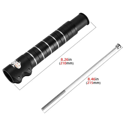 Adjustable Stem Riser And Fork Extender For Mountain Road MTB BMX And Fixie Aluminum Alloy Handlebar Raiser Up To 210 Millimeter Height Includes Seven Gaskets For Custom Fit And Easy Installation Head Up Adapter showing 210mm length and 215mm extender rod.